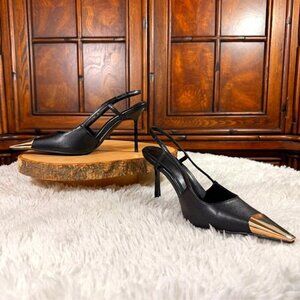 Theshy Black Genuine Leather Slingback Gold Metal Pointed Toe Pumps